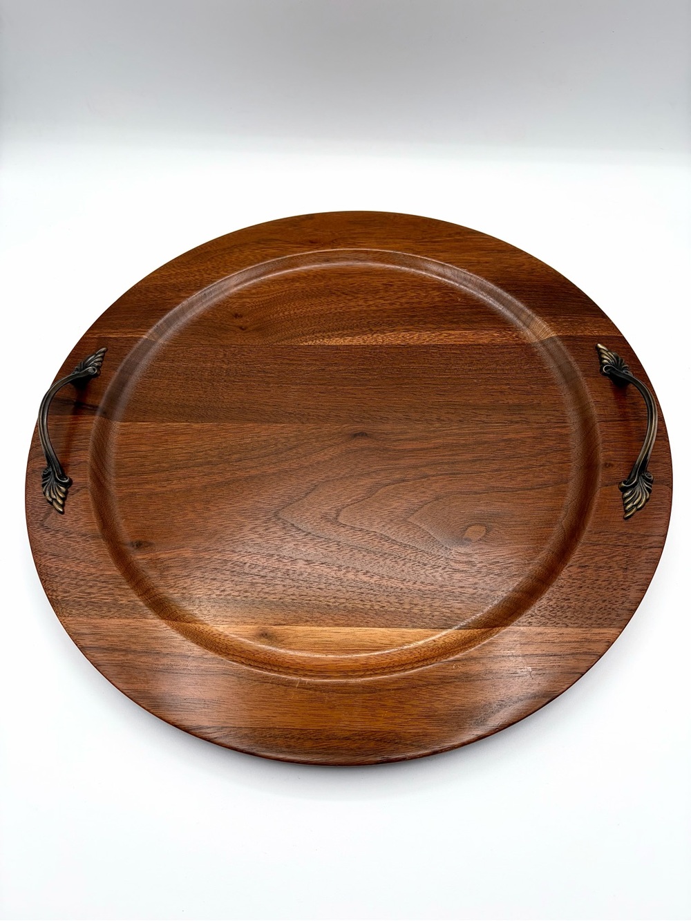 Vintage Ozark Walnutware Round Wood Serving Tray With Handles - Picture 2 of 7